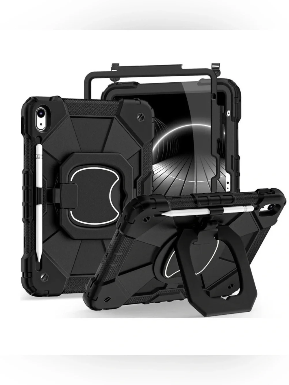 Rugged Black Tablet Case with Kickstand and Pencil Holder